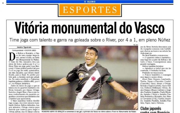 Jornal O Globo destaca goleada cruzmaltina no Monumental em 2000